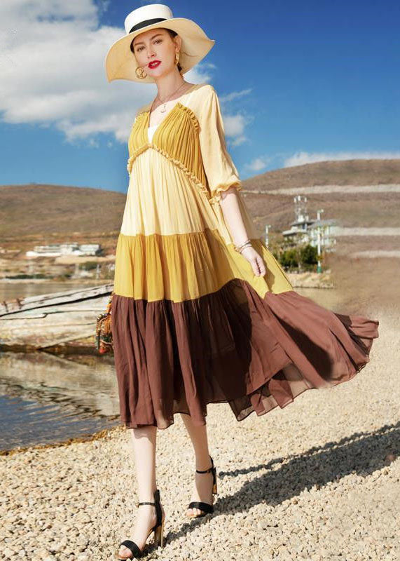 Natural Colorblock V Neck Wrinkled Patchwork Chiffon Dresses Summer LC0248 - fabuloryshop