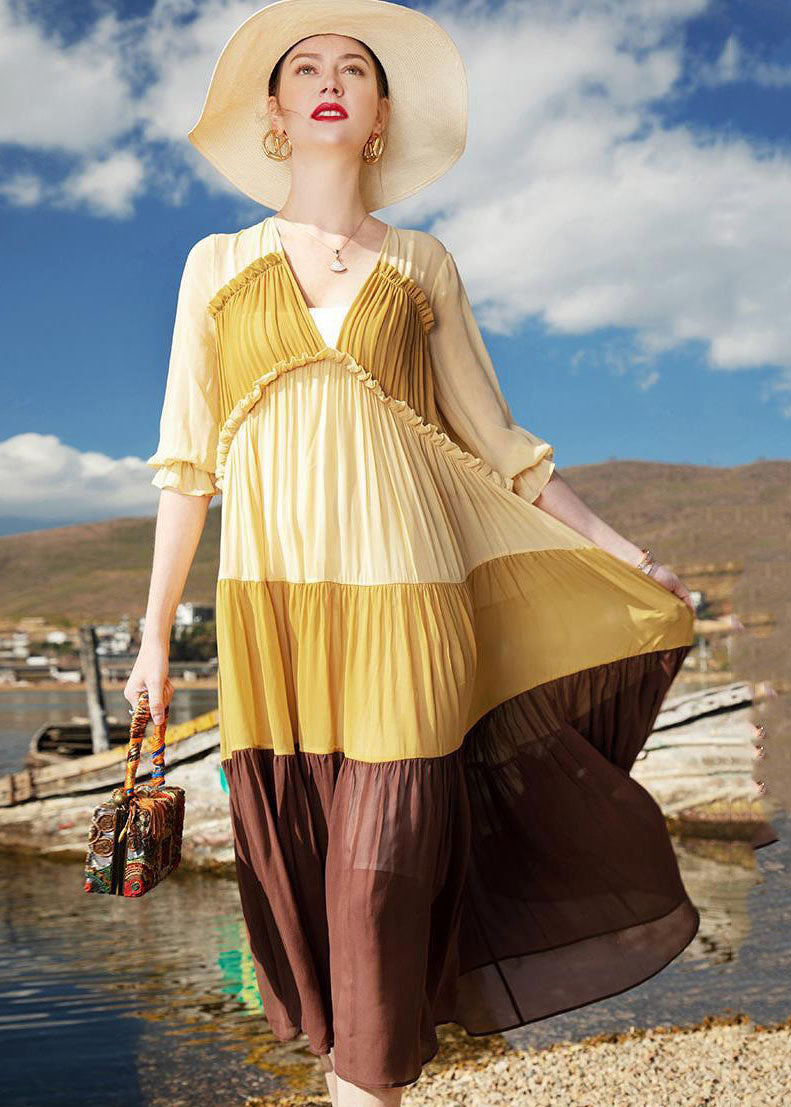 Natural Colorblock V Neck Wrinkled Patchwork Chiffon Dresses Summer LC0248 - fabuloryshop