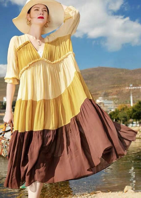 Natural Colorblock V Neck Wrinkled Patchwork Chiffon Dresses Summer LC0248 - fabuloryshop