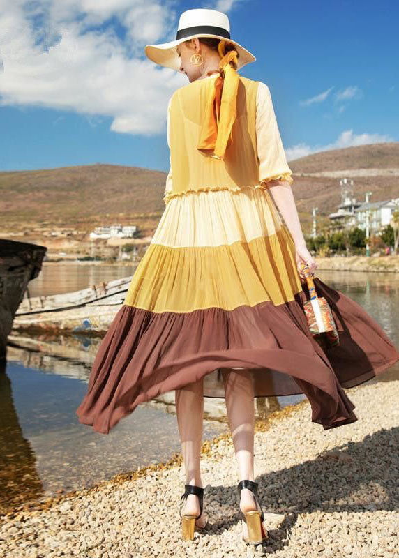 Natural Colorblock V Neck Wrinkled Patchwork Chiffon Dresses Summer LC0248 - fabuloryshop
