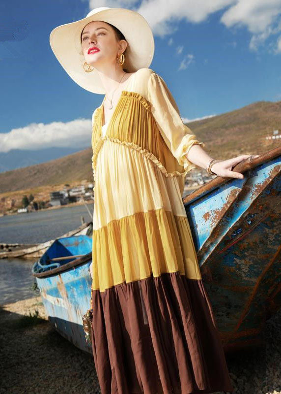 Natural Colorblock V Neck Wrinkled Patchwork Chiffon Dresses Summer LC0248 - fabuloryshop