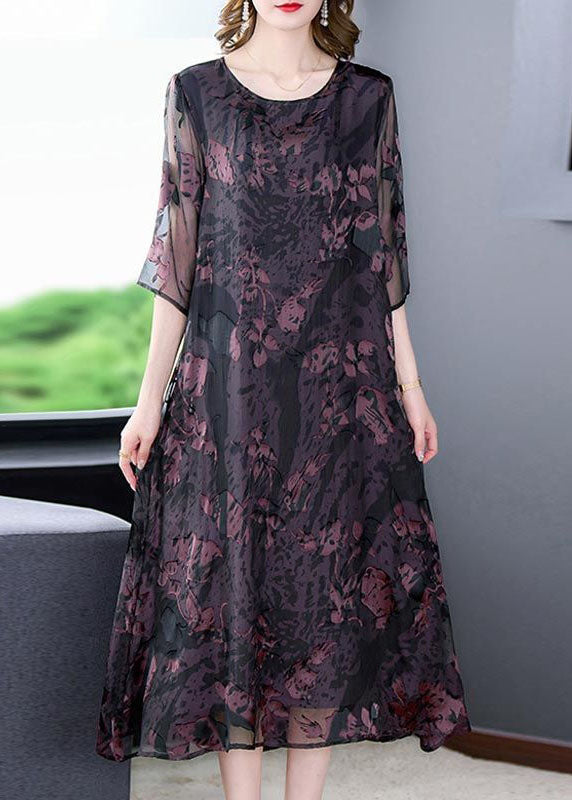 Natural Dark Purple O Neck Print Patchwork Silk Dress Summer LY4601 - fabuloryshop