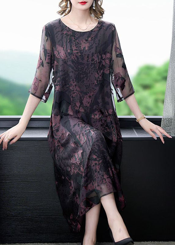 Natural Dark Purple O Neck Print Patchwork Silk Dress Summer LY4601 - fabuloryshop