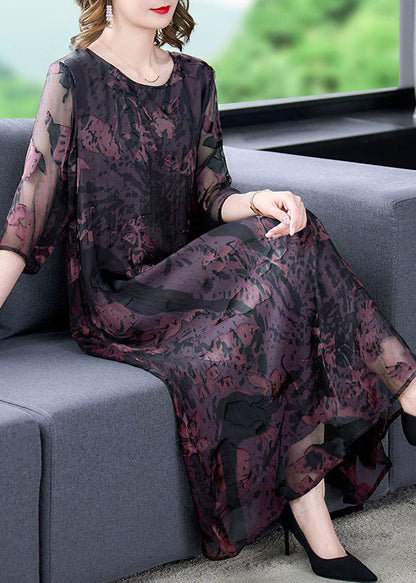 Natural Dark Purple O Neck Print Patchwork Silk Dress Summer LY4601 - fabuloryshop