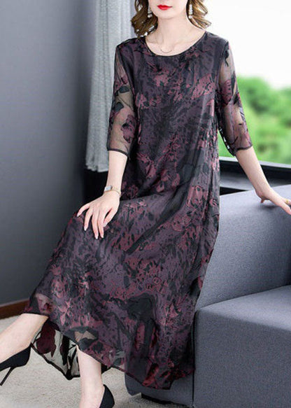 Natural Dark Purple O Neck Print Patchwork Silk Dress Summer LY4601 - fabuloryshop