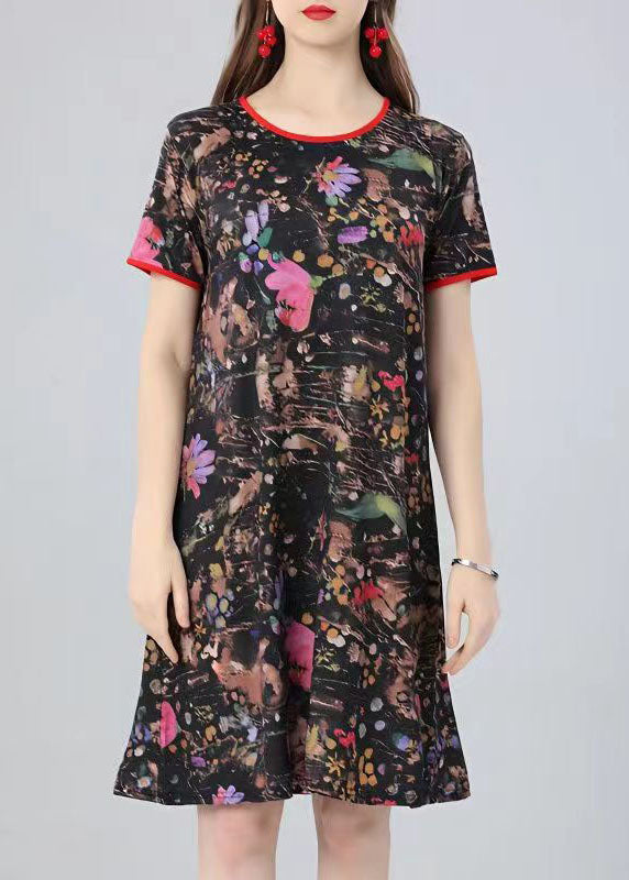 Natural Floral O Neck Print Patchwork Cotton Mid Dress Summer Ada Fashion
