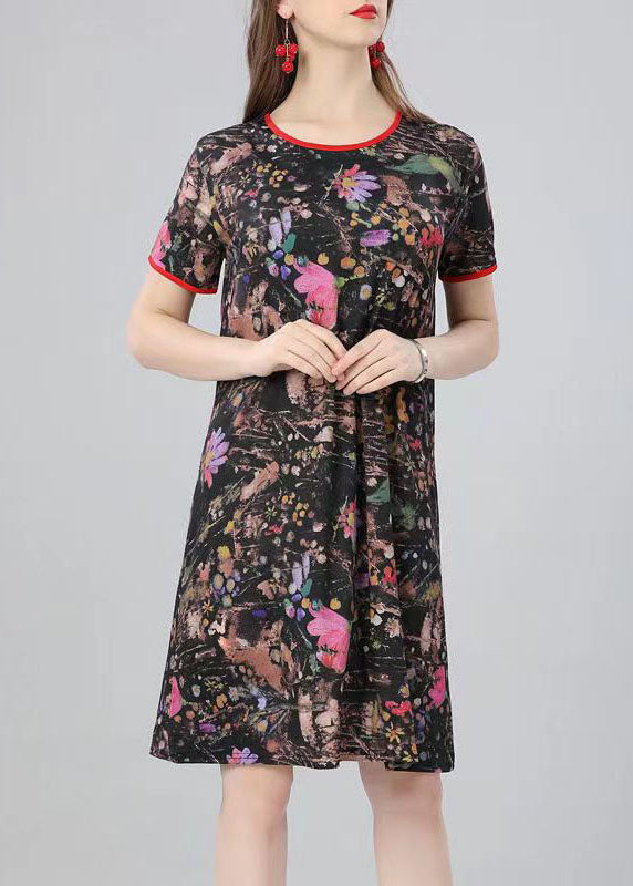Natural Floral O Neck Print Patchwork Cotton Mid Dress Summer Ada Fashion