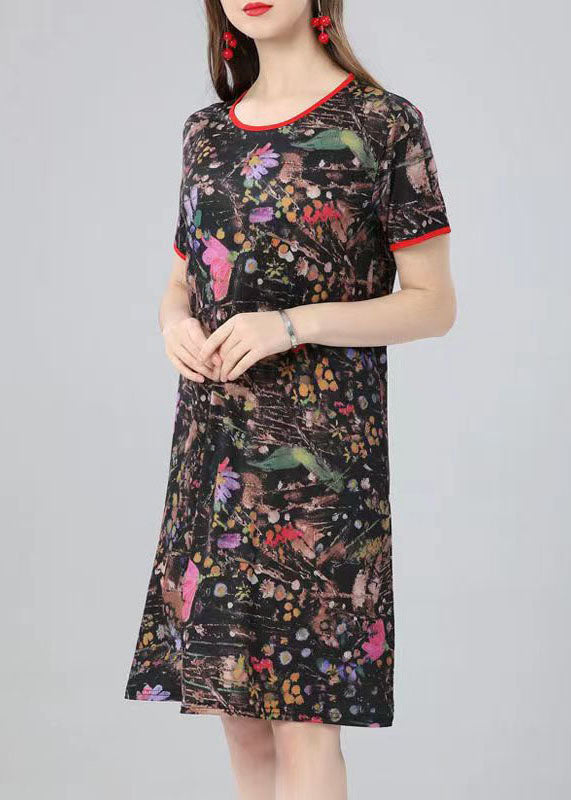Natural Floral O Neck Print Patchwork Cotton Mid Dress Summer Ada Fashion
