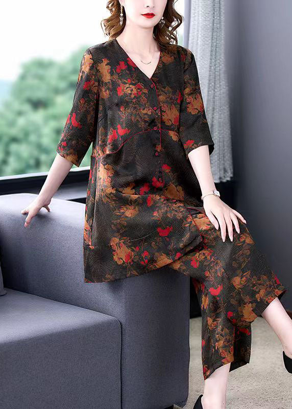 Natural Floral V Neck Print Tops And Pants Silk 2 Piece Outfit Summer LY5950 Ada Fashion