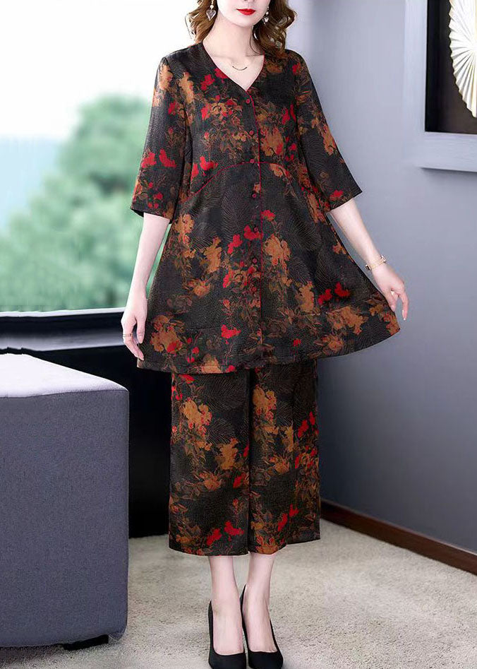 Natural Floral V Neck Print Tops And Pants Silk 2 Piece Outfit Summer LY5950 Ada Fashion