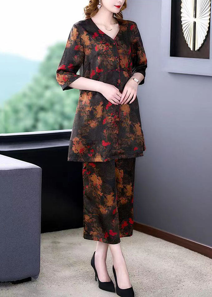 Natural Floral V Neck Print Tops And Pants Silk 2 Piece Outfit Summer LY5950 Ada Fashion