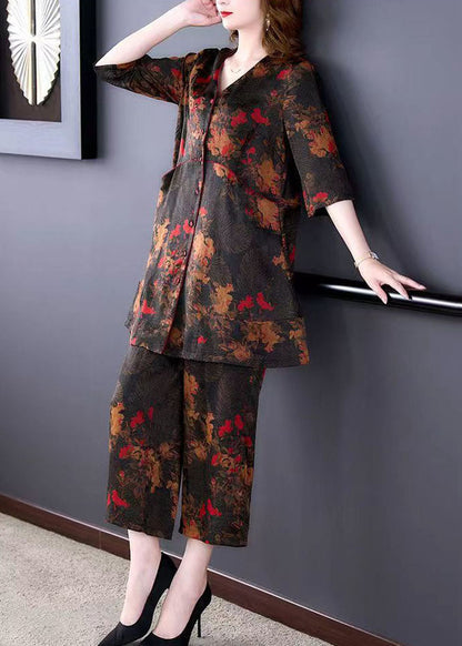 Natural Floral V Neck Print Tops And Pants Silk 2 Piece Outfit Summer LY5950 Ada Fashion