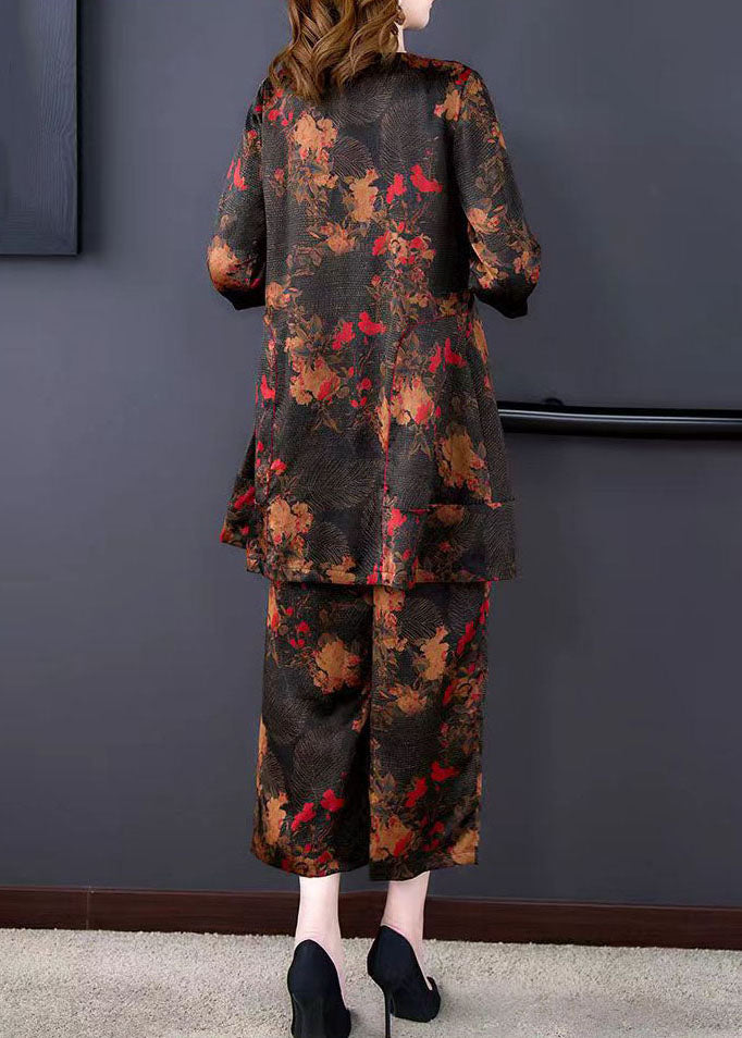 Natural Floral V Neck Print Tops And Pants Silk 2 Piece Outfit Summer LY5950 Ada Fashion