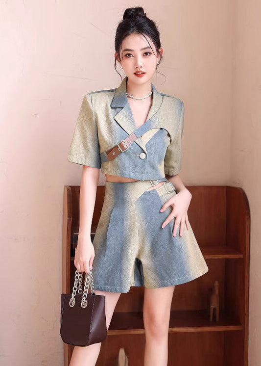Natural Gradient Color Asymmetrical Denim Tops And Shorts 2 Piece Outfit Summer Ada Fashion