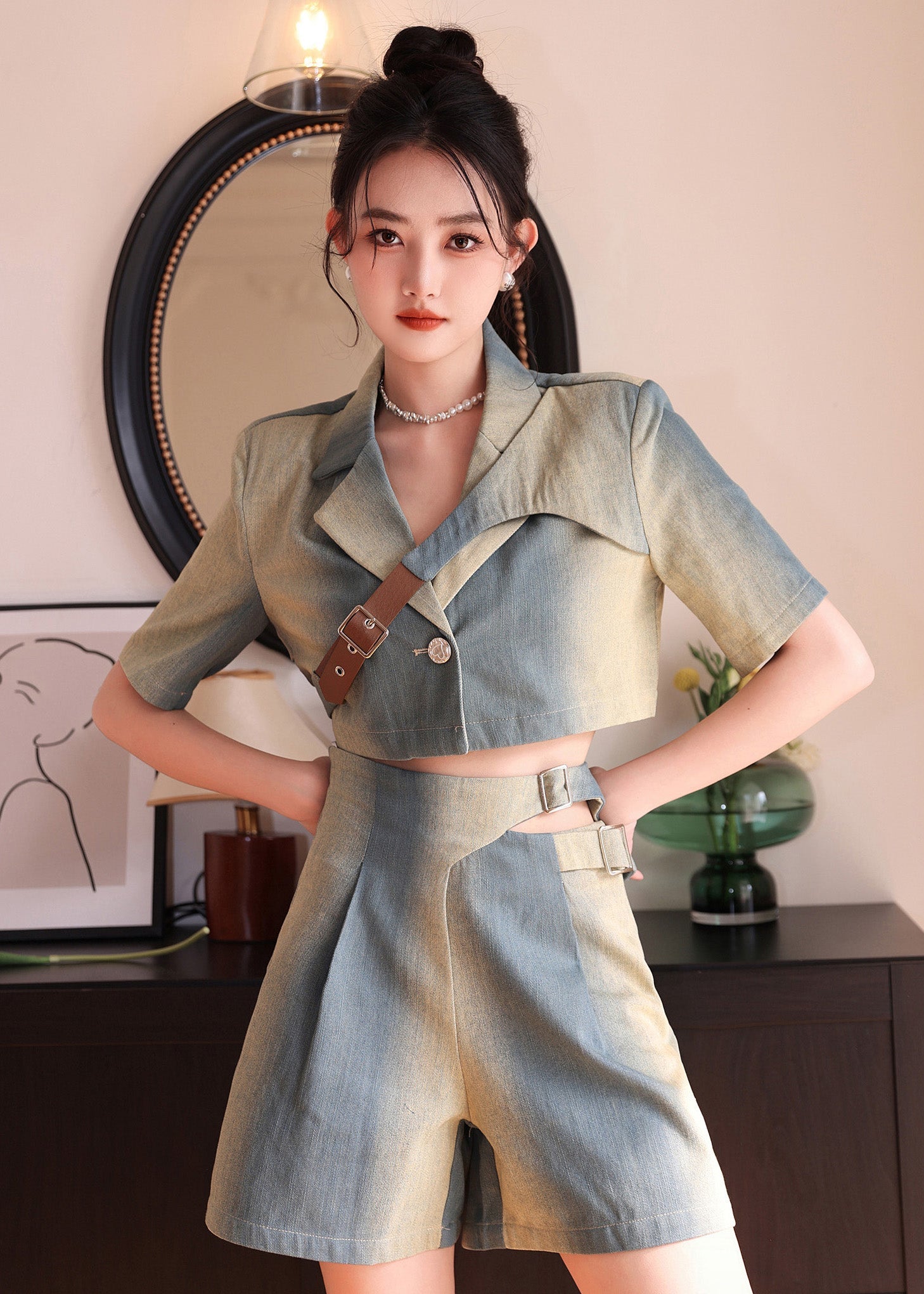 Natural Gradient Color Asymmetrical Denim Tops And Shorts 2 Piece Outfit Summer Ada Fashion