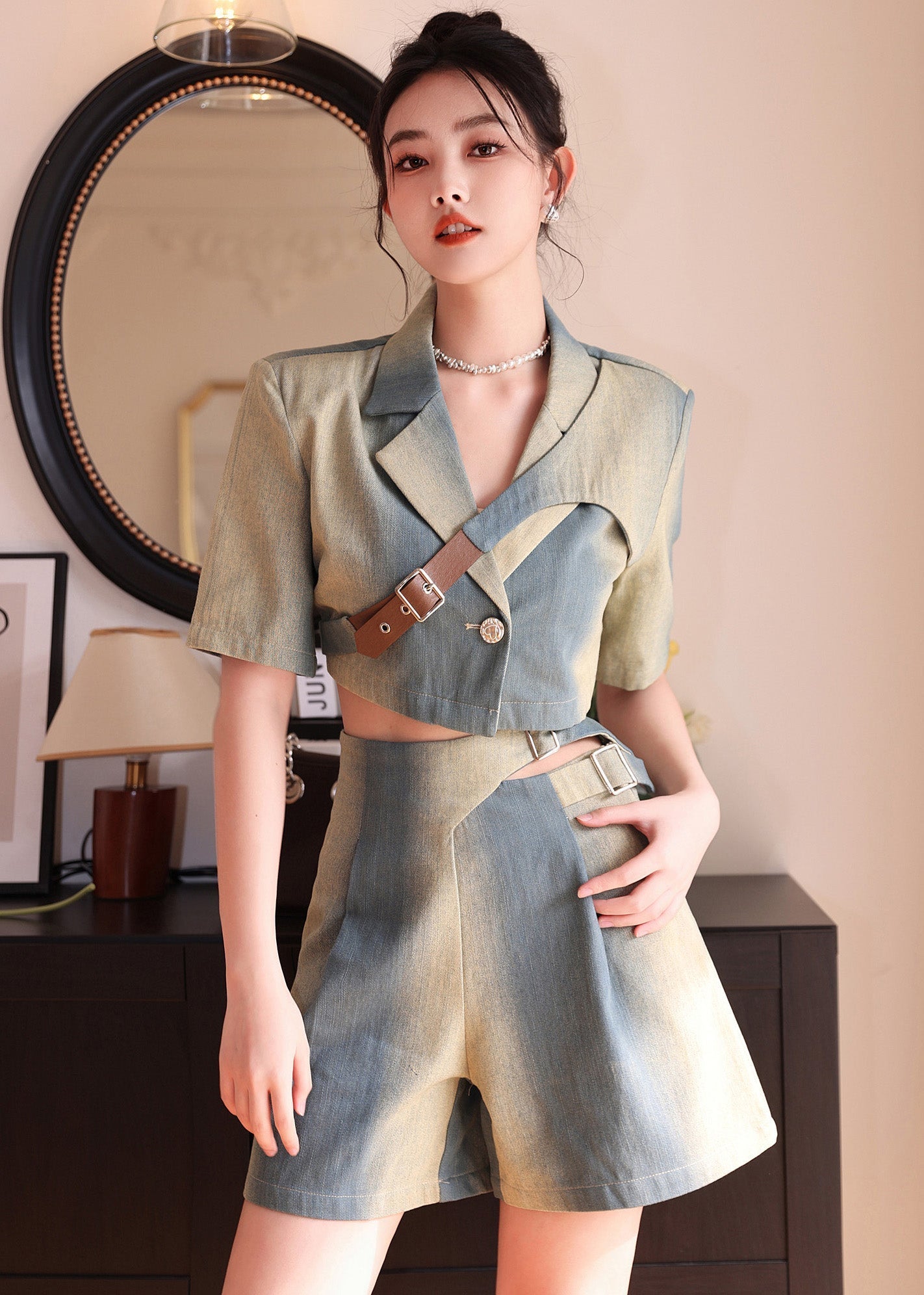 Natural Gradient Color Asymmetrical Denim Tops And Shorts 2 Piece Outfit Summer Ada Fashion