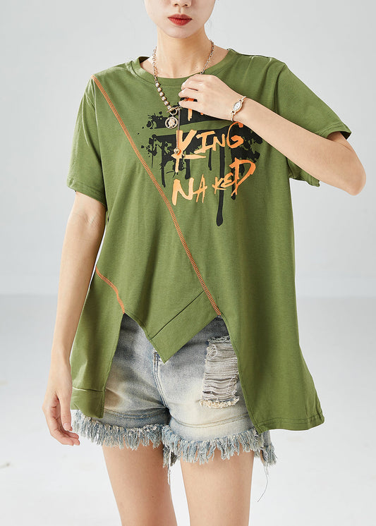 Natural Green Asymmetrical Design Print Cotton Tank Tops Summer LY6136 - fabuloryshop