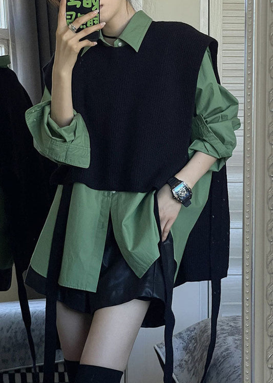 Natural Green Asymmetrical Patchwork Knit Waistcoat And Shirts Two Piece Set Fall Ada Fashion