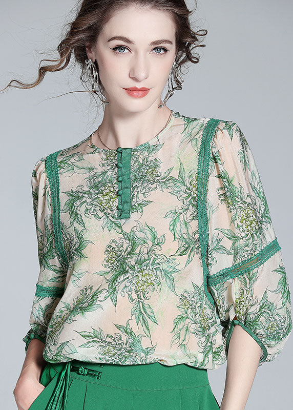 Natural Green O Neck Lace Patchwork Print Silk T Shirt Spring LY0121 - fabuloryshop