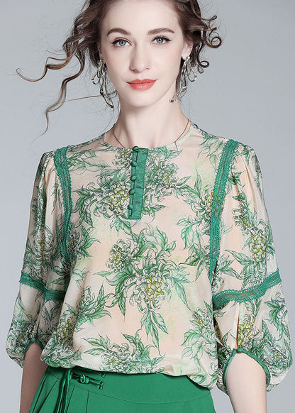 Natural Green O Neck Lace Patchwork Print Silk T Shirt Spring LY0121 - fabuloryshop