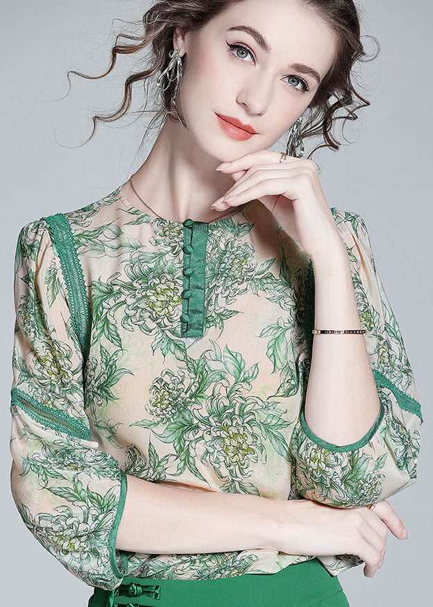 Natural Green O Neck Lace Patchwork Print Silk T Shirt Spring LY0121 - fabuloryshop