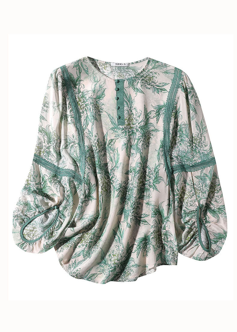 Natural Green O Neck Lace Patchwork Print Silk T Shirt Spring LY0121 - fabuloryshop