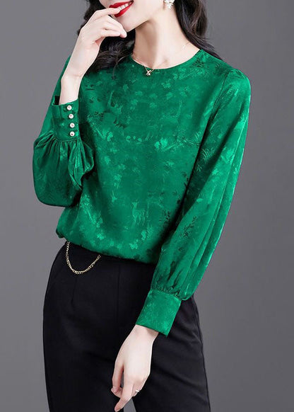 Natural Green O Neck Patchwork Jacquard Silk Shirt Tops Spring LY1425 - fabuloryshop