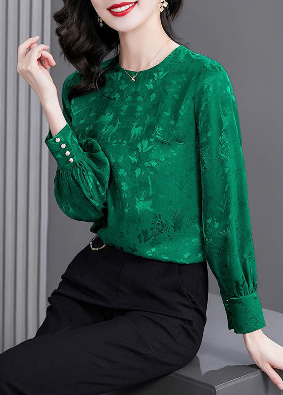 Natural Green O Neck Patchwork Jacquard Silk Shirt Tops Spring LY1425 - fabuloryshop