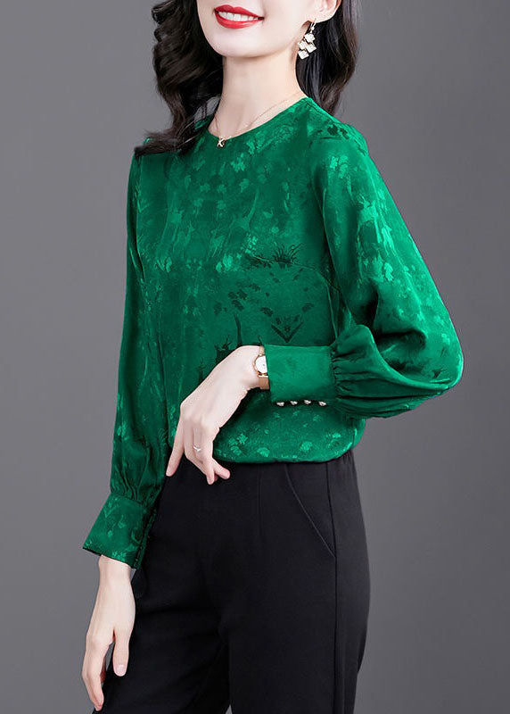 Natural Green O Neck Patchwork Jacquard Silk Shirt Tops Spring LY1425 - fabuloryshop