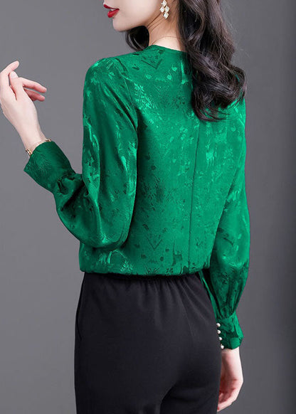 Natural Green O Neck Patchwork Jacquard Silk Shirt Tops Spring LY1425 - fabuloryshop