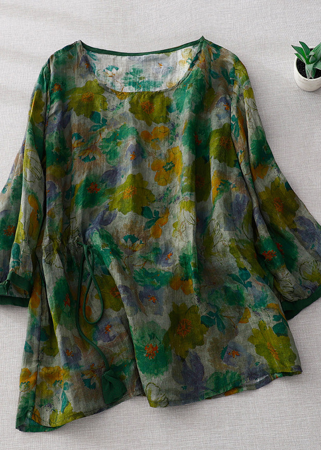 Natural Green O-Neck Print Wrinkled Linen Tops Long Sleeve LY4525 - fabuloryshop