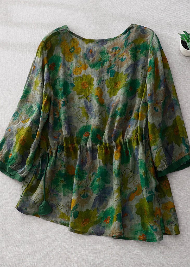 Natural Green O-Neck Print Wrinkled Linen Tops Long Sleeve LY4525 - fabuloryshop