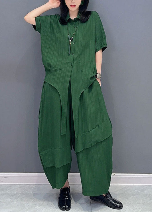 Natural Green Peter Pan Collar Patchwork Tops And Pants Cotton Two Pieces Set Spring LC0326 - fabuloryshop