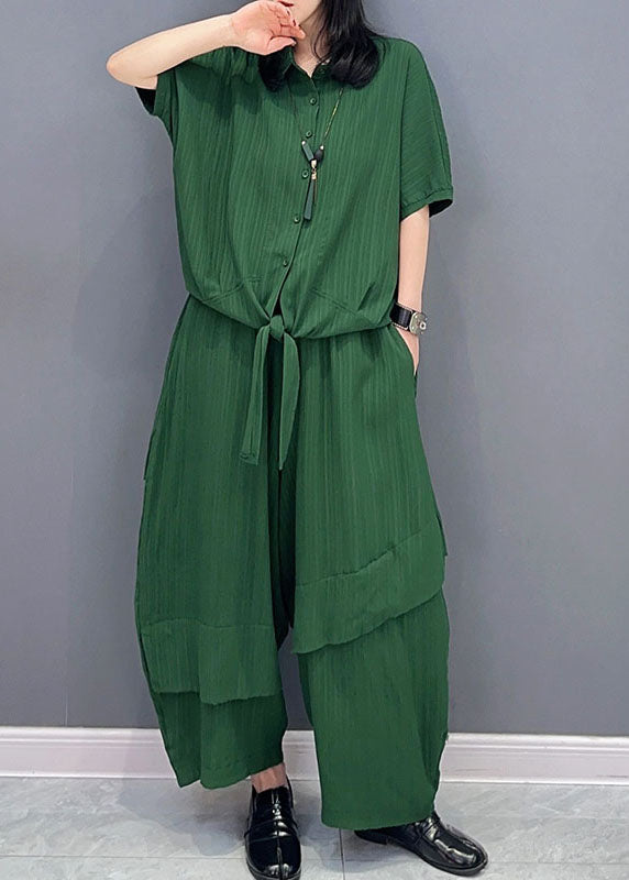 Natural Green Peter Pan Collar Patchwork Tops And Pants Cotton Two Pieces Set Spring LC0326 - fabuloryshop