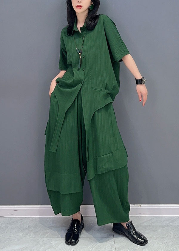 Natural Green Peter Pan Collar Patchwork Tops And Pants Cotton Two Pieces Set Spring LC0326 - fabuloryshop