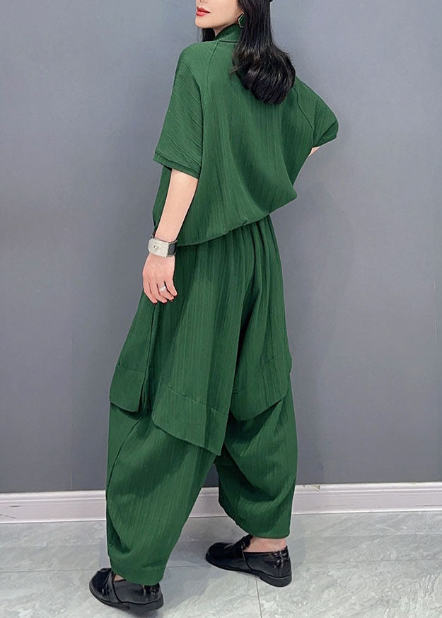 Natural Green Peter Pan Collar Patchwork Tops And Pants Cotton Two Pieces Set Spring LC0326 - fabuloryshop