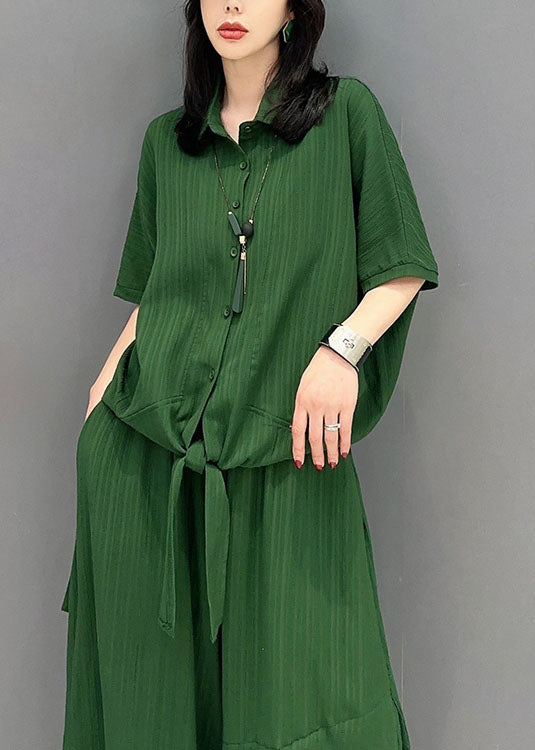 Natural Green Peter Pan Collar Patchwork Tops And Pants Cotton Two Pieces Set Spring LC0326 - fabuloryshop