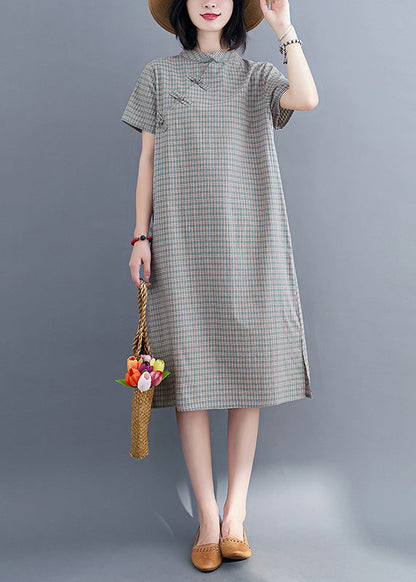 Natural Green Stand Collar Plaid Button Side Open Vacation Long Dresses Short Sleeve LY6016 - fabuloryshop