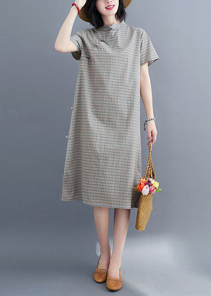 Natural Green Stand Collar Plaid Button Side Open Vacation Long Dresses Short Sleeve LY6016 - fabuloryshop