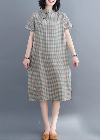 Natural Green Stand Collar Plaid Button Side Open Vacation Long Dresses Short Sleeve LY6016 - fabuloryshop