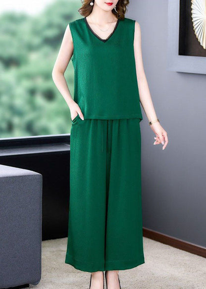 Natural Green V Neck Patchwork Silk Tops And Pants Two-Piece Set  Summer LY4589 - fabuloryshop