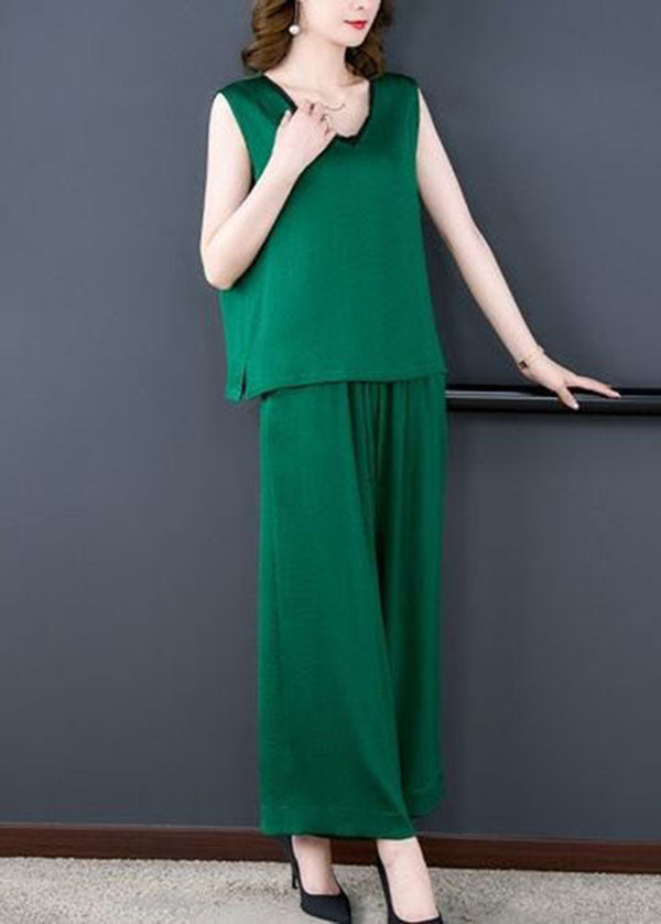 Natural Green V Neck Patchwork Silk Tops And Pants Two-Piece Set  Summer LY4589 - fabuloryshop