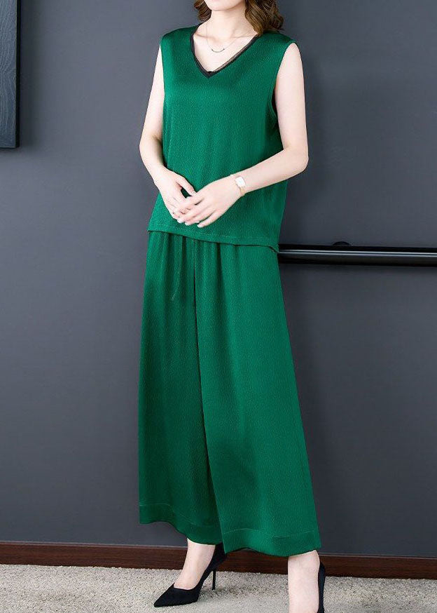 Natural Green V Neck Patchwork Silk Tops And Pants Two-Piece Set  Summer LY4589 - fabuloryshop