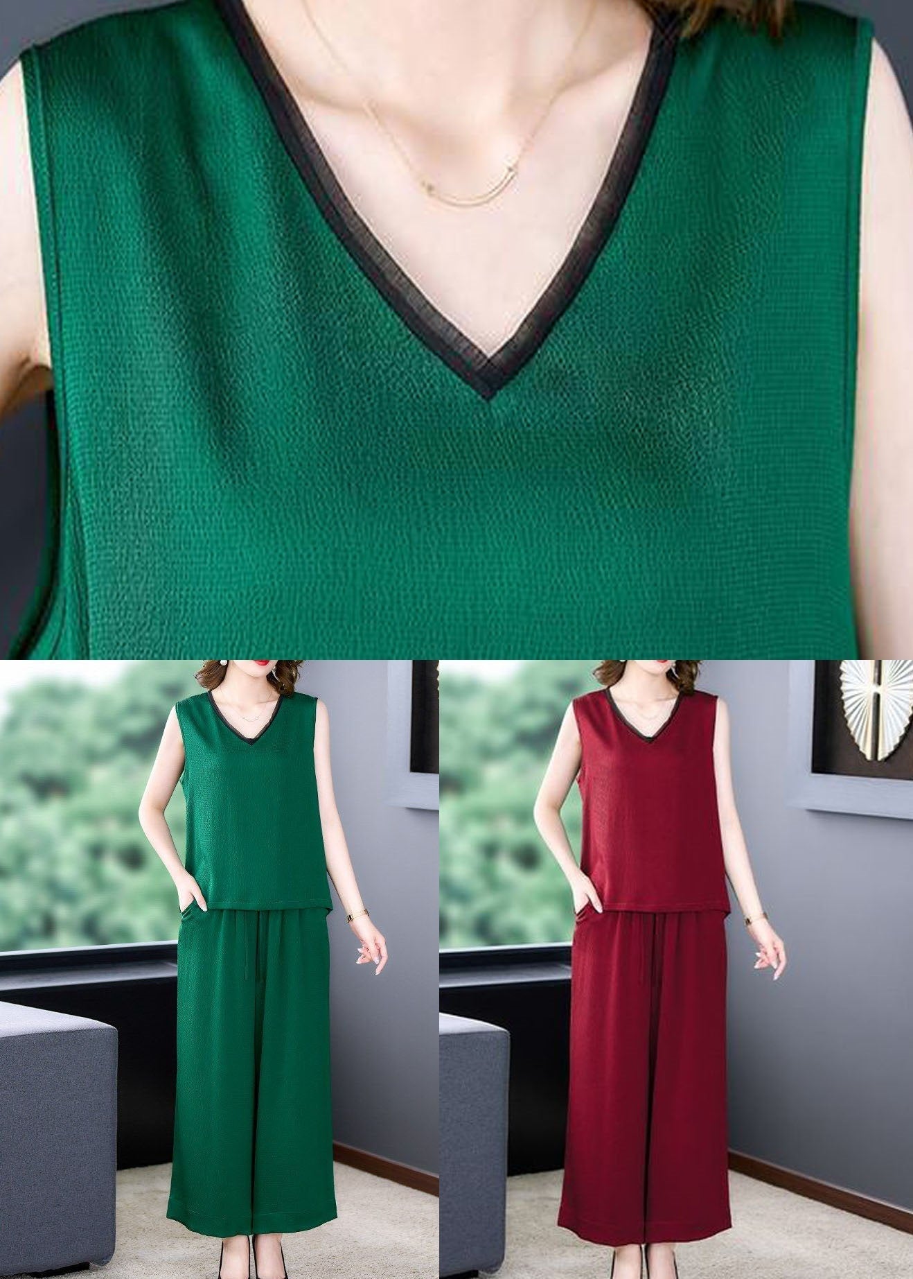 Natural Green V Neck Patchwork Silk Tops And Pants Two-Piece Set  Summer LY4589 - fabuloryshop