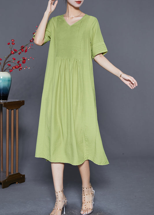 Natural Green V Neck Wrinkled Cotton Maxi Dresses Summer Ada Fashion