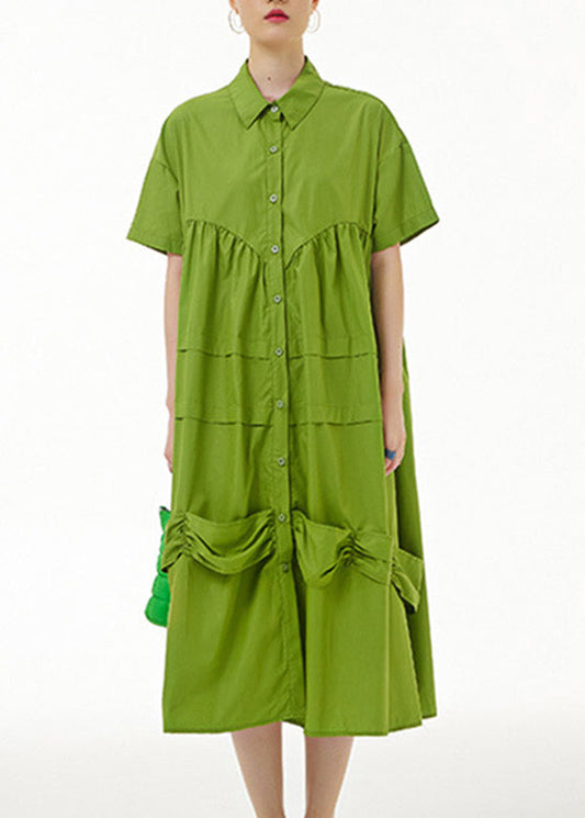 Natural Green Wrinkled Button Maxi Dress Summer LY1092 - fabuloryshop