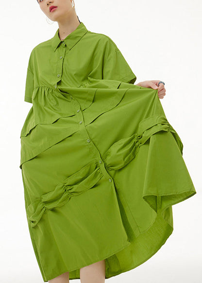 Natural Green Wrinkled Button Maxi Dress Summer LY1092 - fabuloryshop