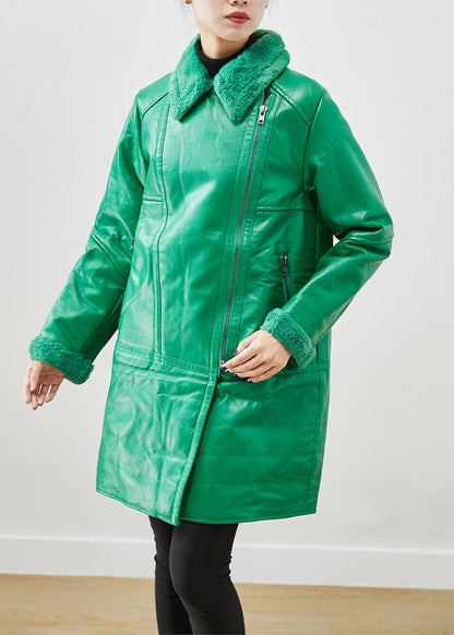 Natural Green Zip Up Patchwork Duck Down Faux Leather Coats Winter Ada Fashion