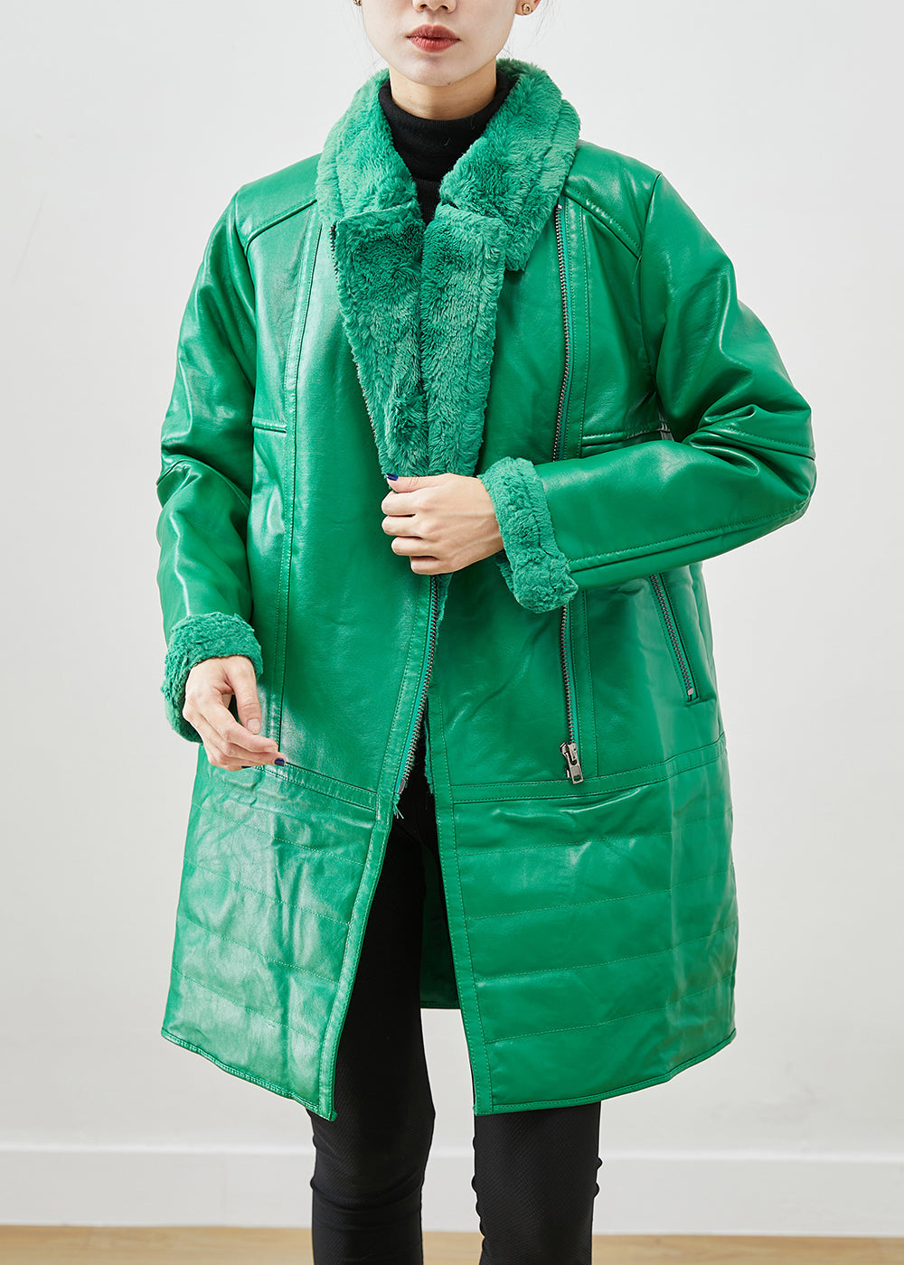 Natural Green Zip Up Patchwork Duck Down Faux Leather Coats Winter Ada Fashion