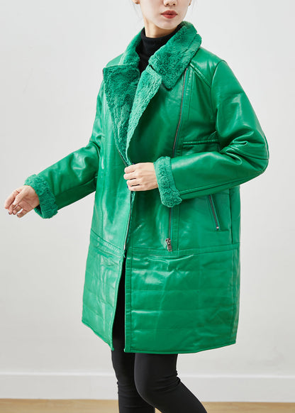 Natural Green Zip Up Patchwork Duck Down Faux Leather Coats Winter Ada Fashion